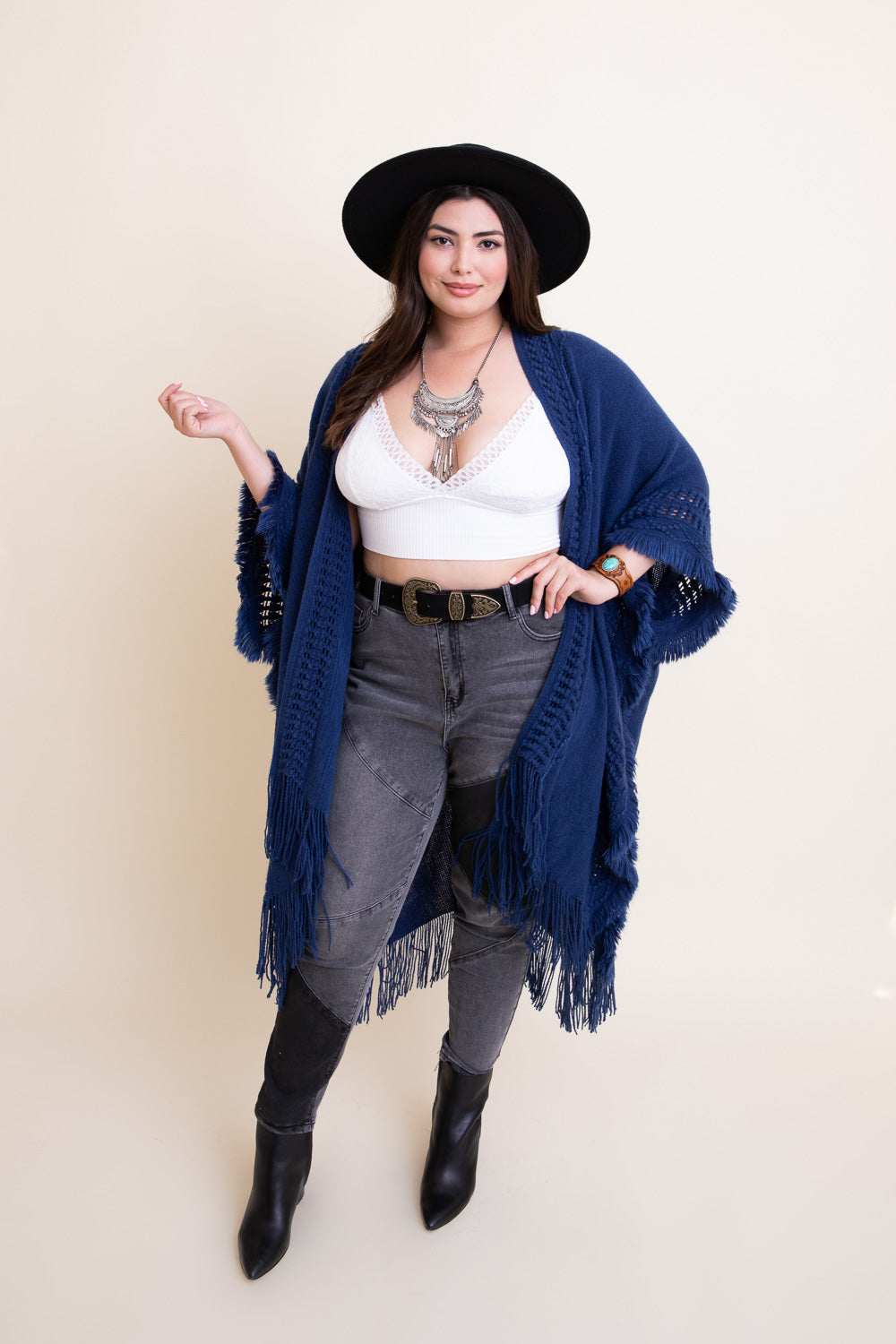 Cozy Soft Open Work Frayed Bohemian Ruana