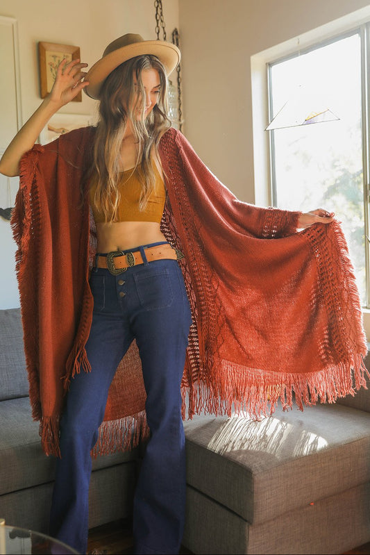 Open Work Frayed Bohemian Ruana Ponchos Burnt Henna