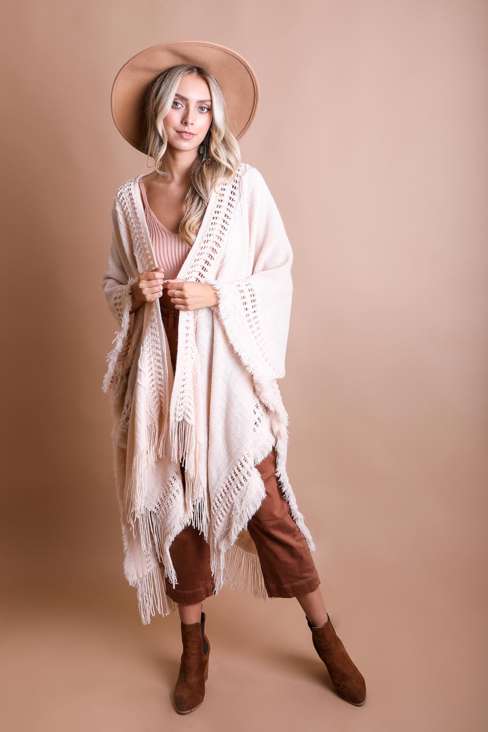 Cozy Soft Open Work Frayed Bohemian Ruana